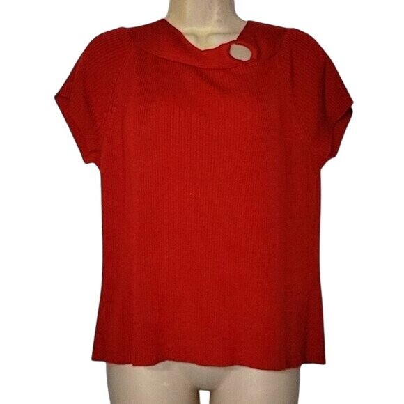 Red Ribbed Acrylic Short Sleeve Top With Unique Keyhole Neck Detail By Requireme - Picture 1 of 4